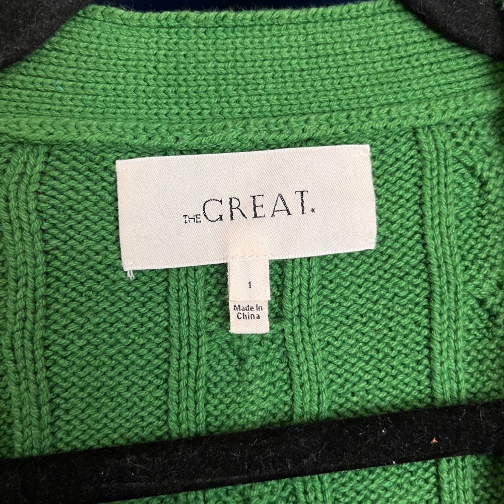 THE GREAT. True Green Cable-Knit Cotton Blend Grandpa Cardigan - Picture 2 of 9